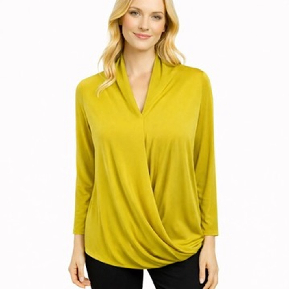 Joseph Ribkoff Chartreuse Draped Front Top V-Neck Stretch Jersey Chic Size 8